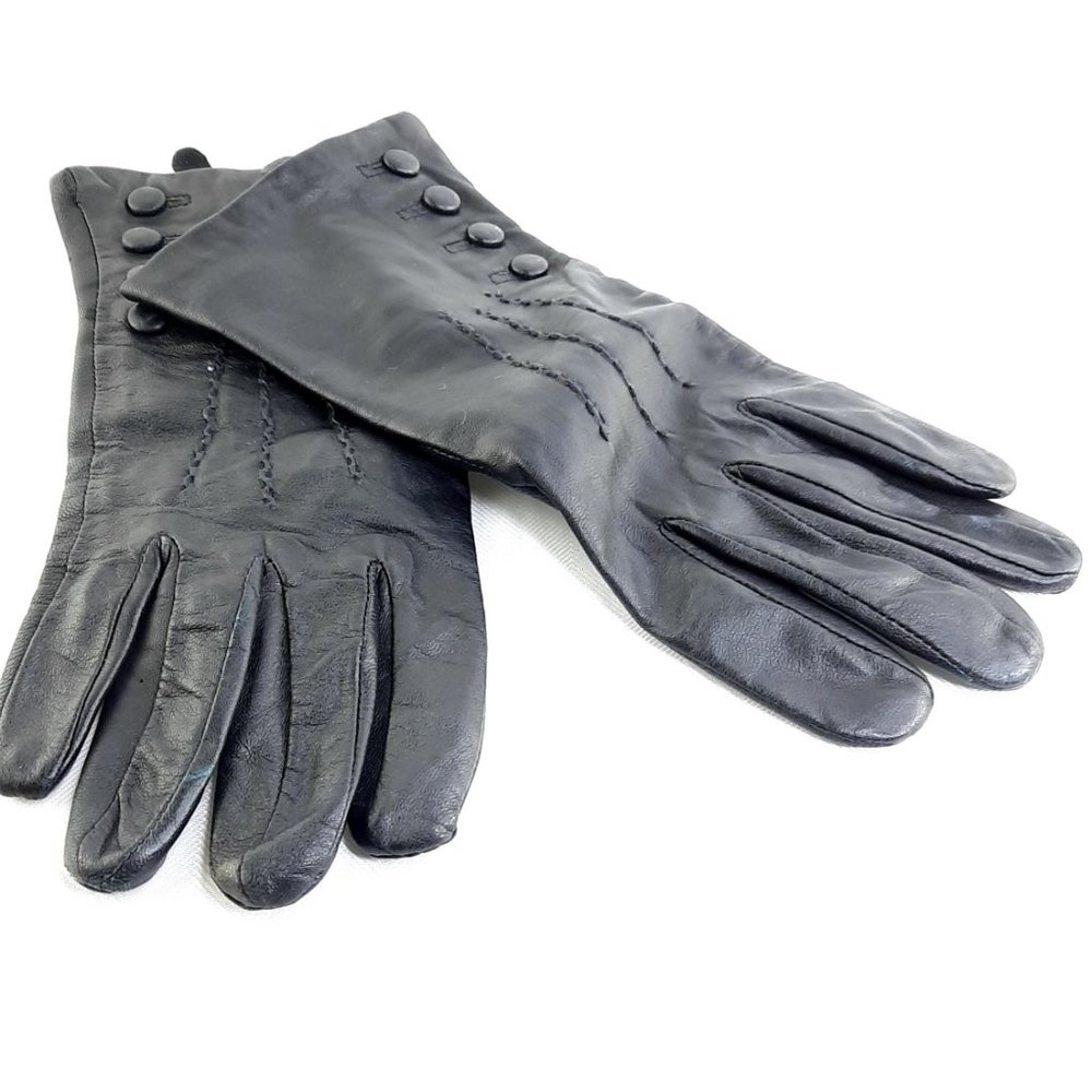 ❤️ Winter  Size 7 1/2 Black Button Soft Leather Light Dress Gloves